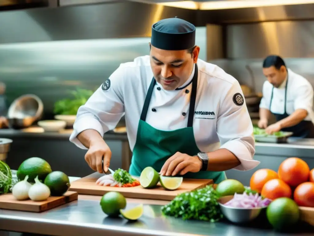 Un chef peruano experto preparando ceviche en una cocina tradicional