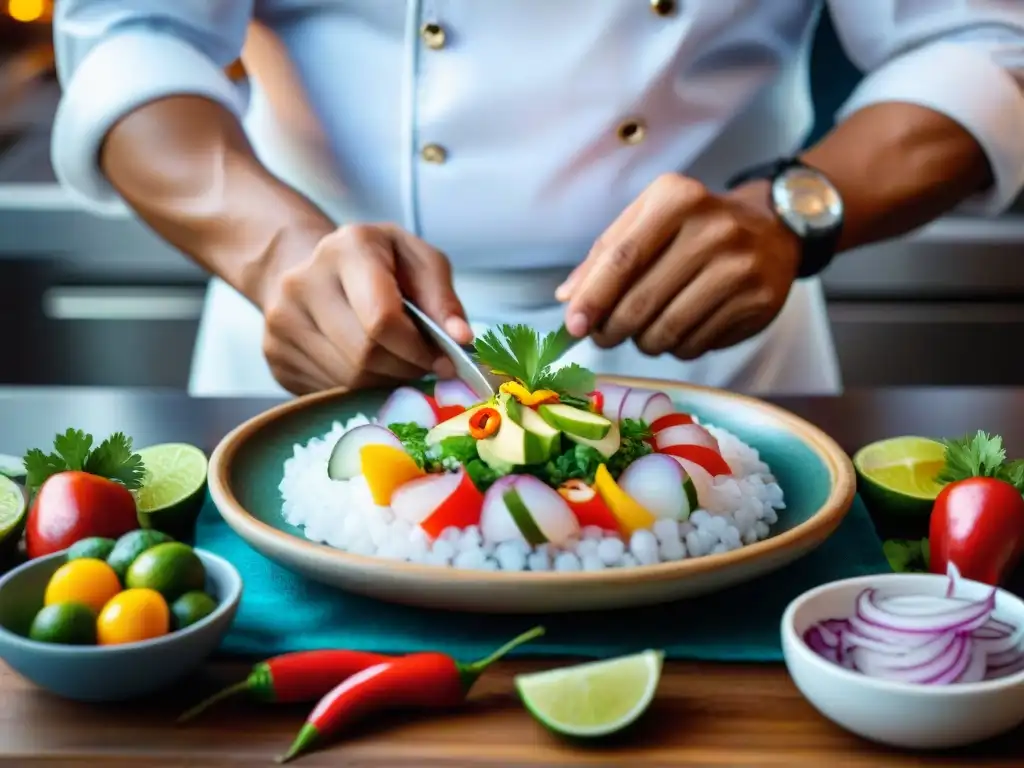 Un chef peruano experto preparando un ceviche en miniatura con detalle, entre utensilios tradicionales y ingredientes vibrantes