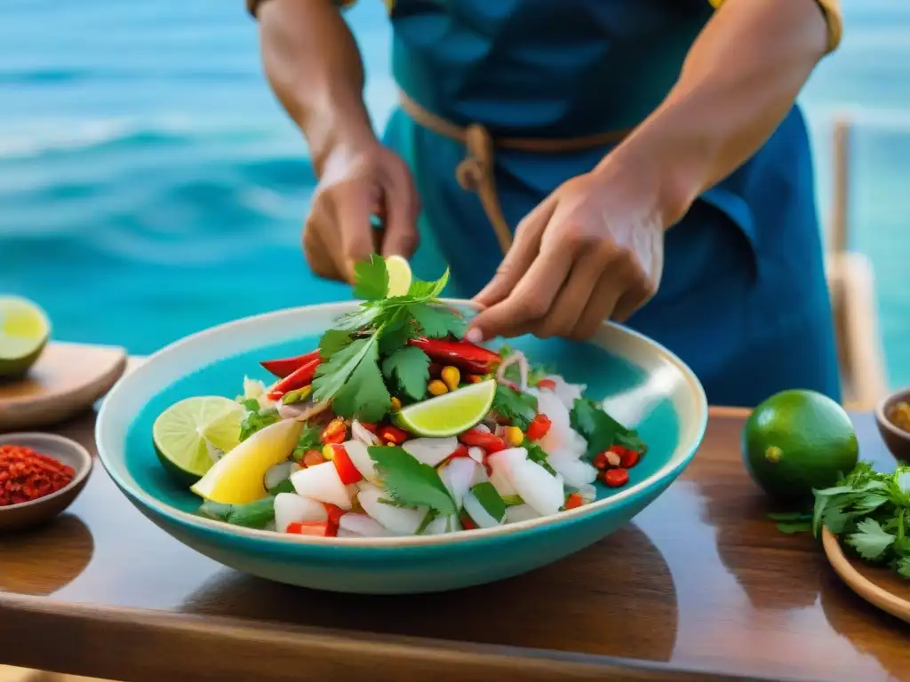 Un chef peruano experto prepara ceviche en un bote de madera, rodeado de aguas azules del Pacífico