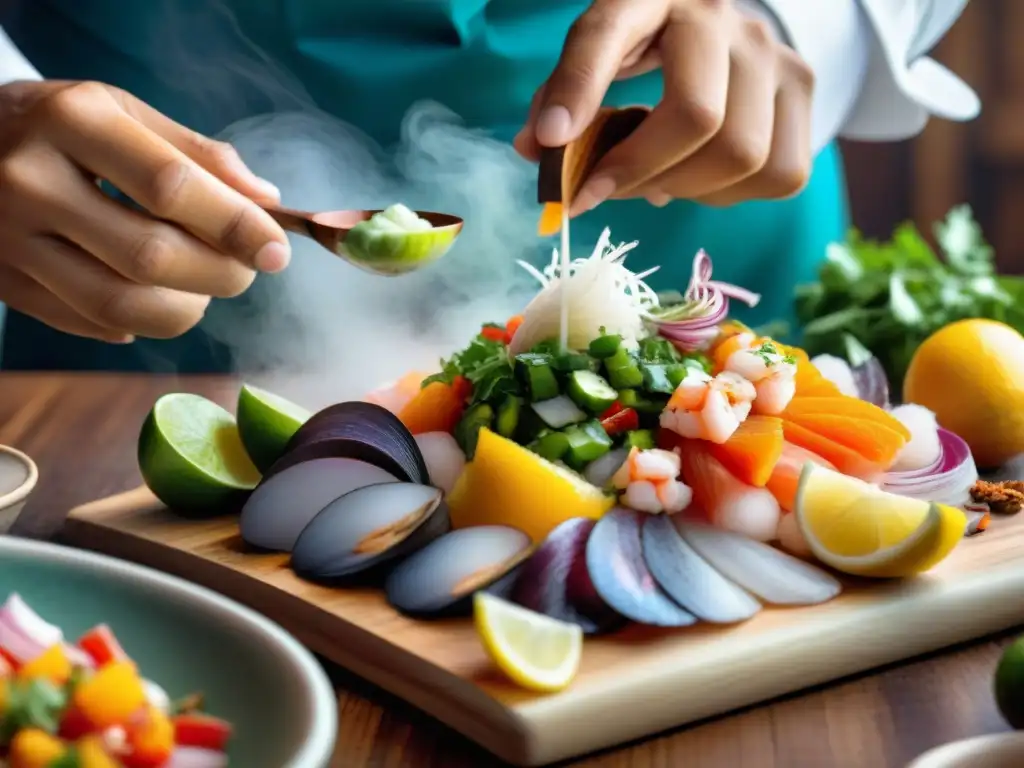 Un chef peruano experto preparando ceviche, con colores vibrantes de mariscos frescos y especias peruanas en una cocina costera auténtica