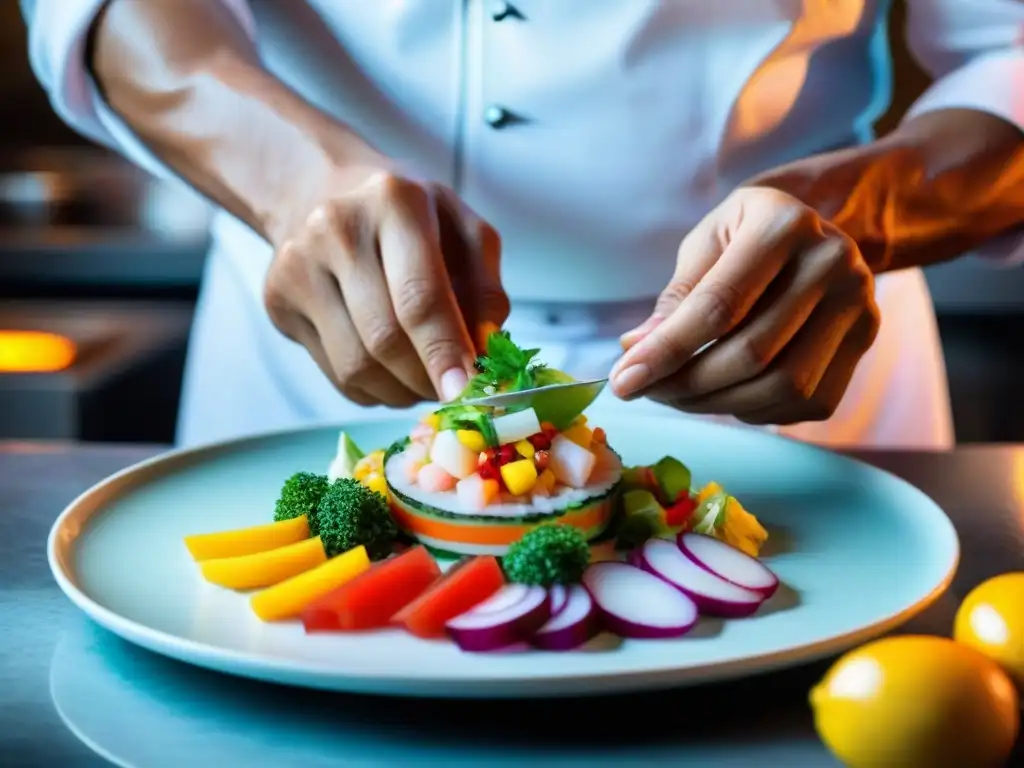 Un chef peruano experto preparando ceviche con precisión en restaurantes innovadores de gastronomía peruana