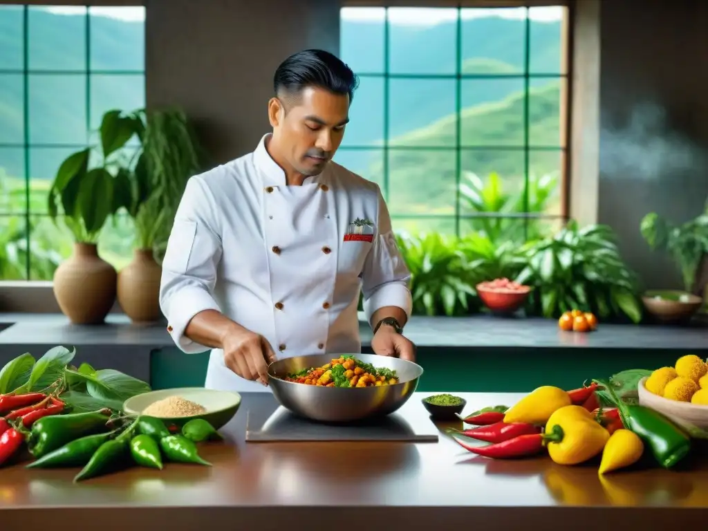 Un chef peruano experto preparando ceviche con ingredientes autóctonos en una cocina tradicional amazónica