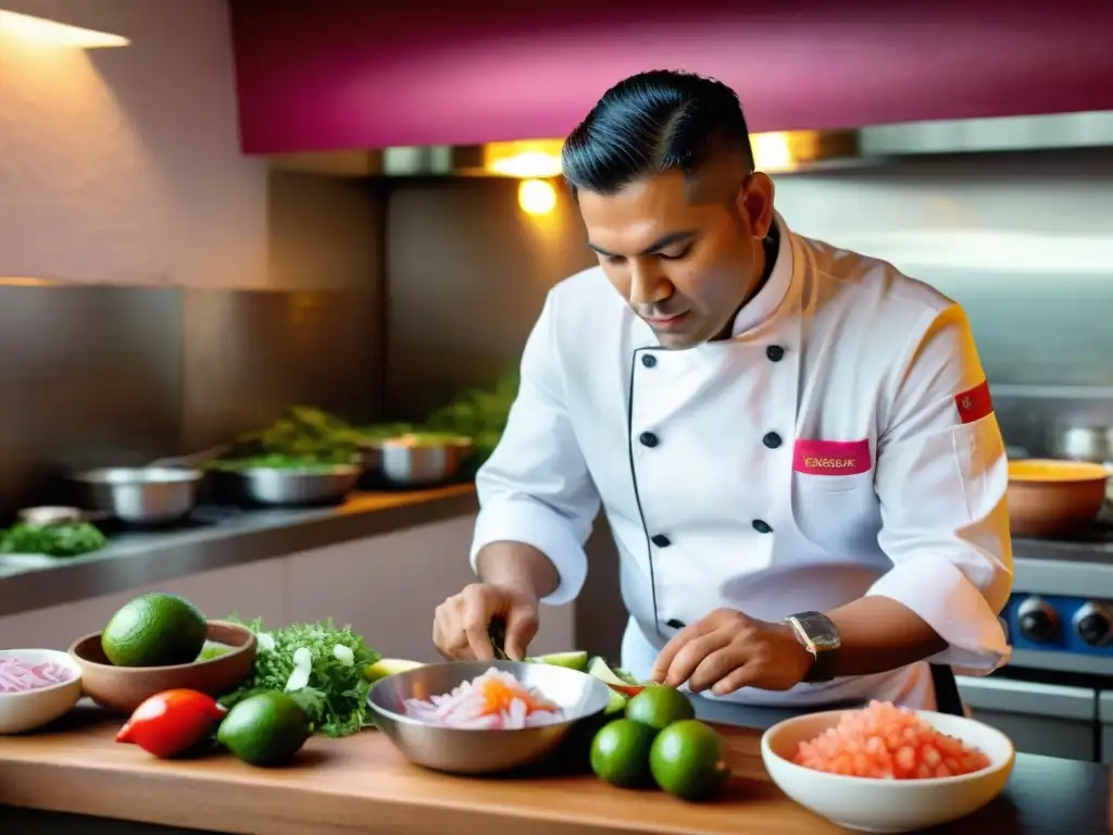 Un chef peruano experto preparando Ceviche de trucha andina auténtico en una cocina tradicional