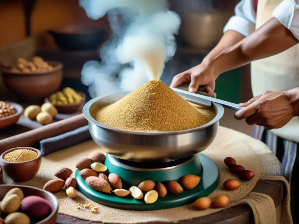 Un chef peruano experto utiliza una chancadora de maní en una cocina tradicional, con utensilios auténticos y ambiente acogedor