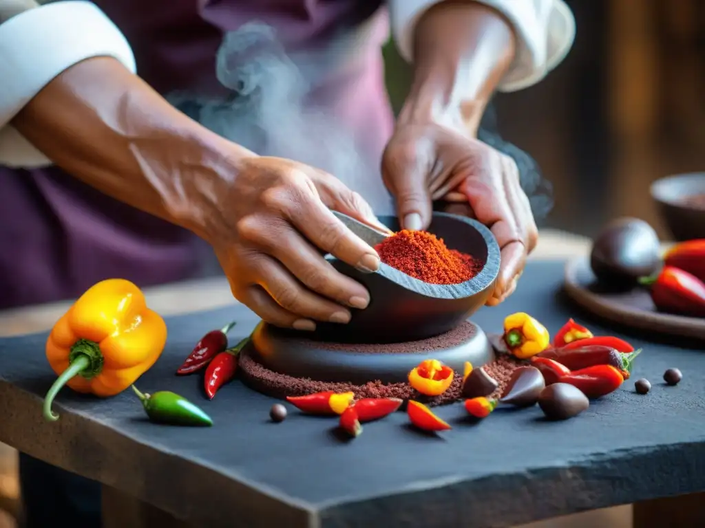 Un chef peruano experto mezcla ají y chocolate en un metate de piedra