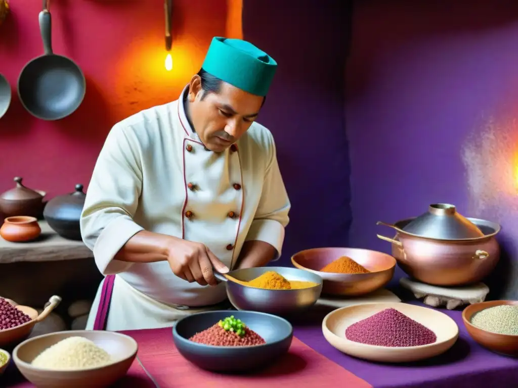 Un chef peruano experto en cocina prehispánica prepara un platillo ancestral con ingredientes vibrantes y utensilios antiguos