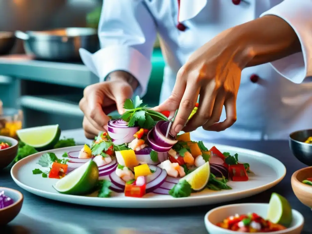 Un chef peruano experto en cocina tradicional, ensambla un ceviche con ingredientes autóctonos, en una cocina bulliciosa