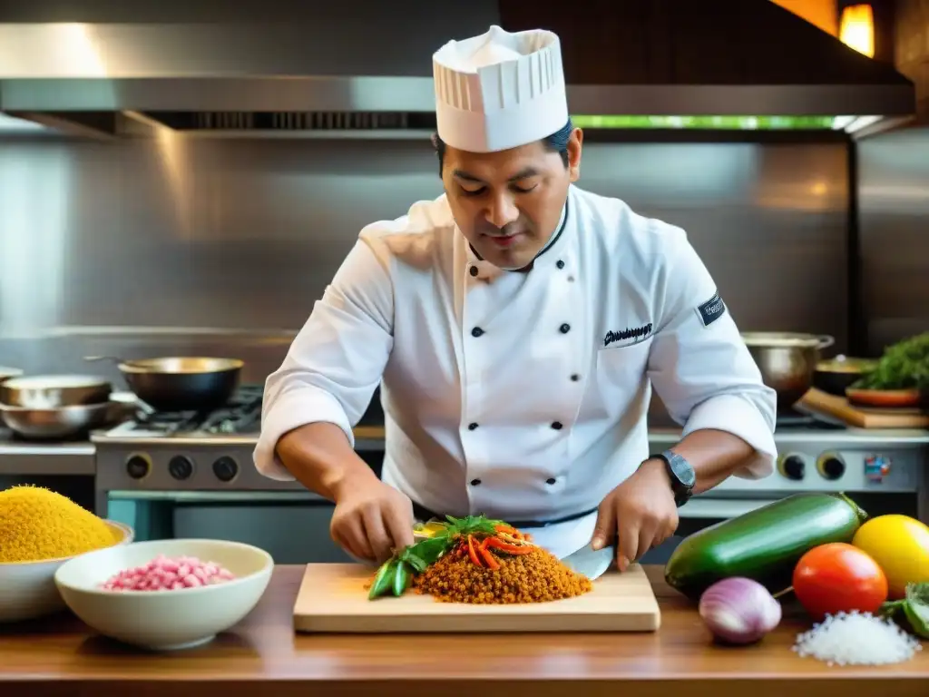 Un chef peruano experto en cocina tradicional y contemporánea fileteando pescado en una cocina limeña