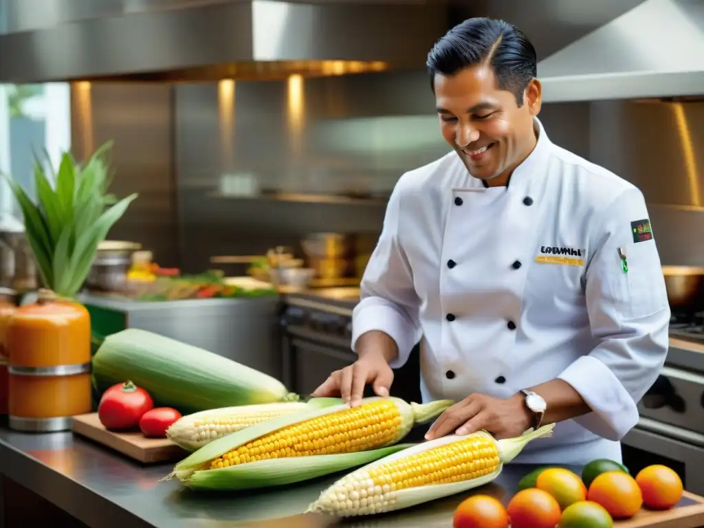 Un chef peruano experto en cocina fusión preparando maíz peruano en un ambiente creativo y vibrante