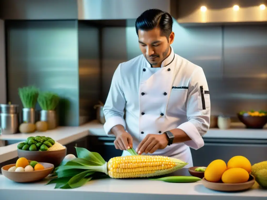 Un chef peruano experto en cocina fusionando maíz peruano con ingredientes globales en una cocina moderna