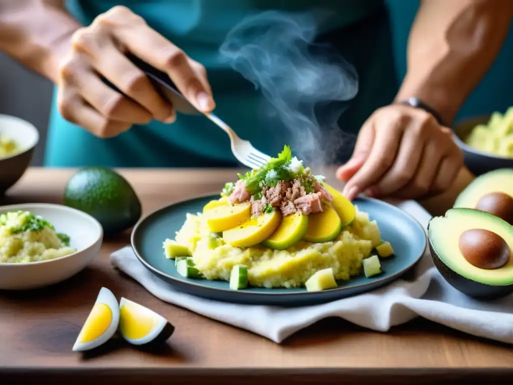 Un chef peruano experto en cocina tradicional ensambla una colorida Causa Limeña