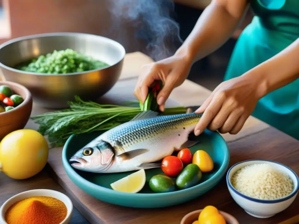 Un chef peruano experto en cocina tradicional prepara con destreza un chilcano de pescado casero