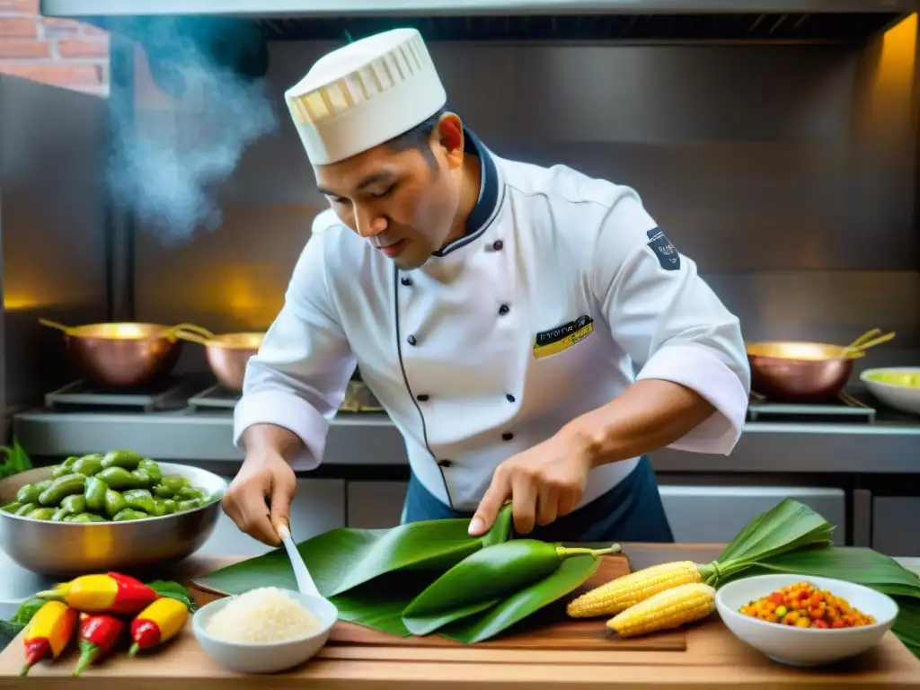 Un chef peruano experto preparando Juane en una cocina tradicional peruana, resaltando la receta Juane plato tradicional Peru