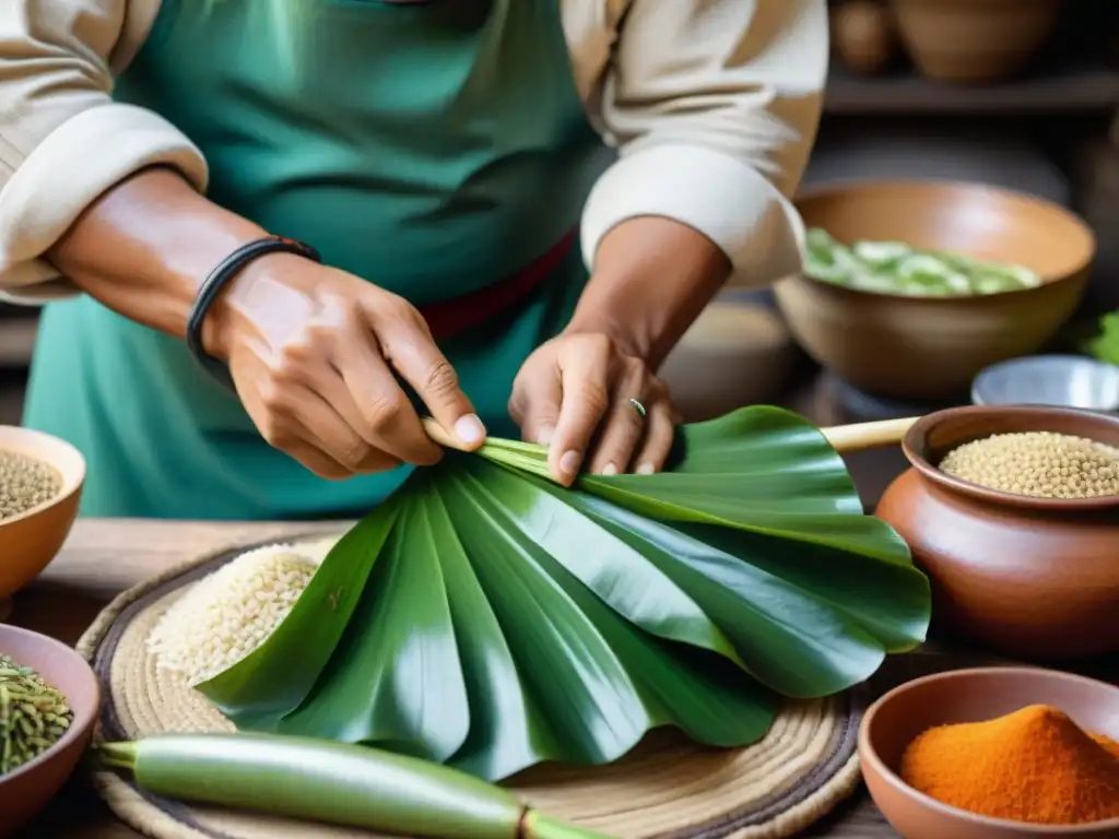 Un chef peruano experto preparando Juane en una cocina tradicional, destacando la receta tradicional juane peruano