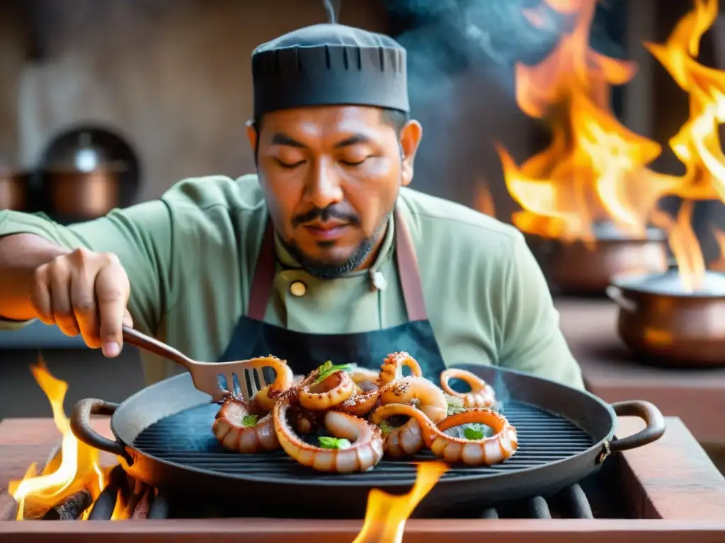 Un chef peruano experto cocina pulpo con precisión en una cocina tradicional