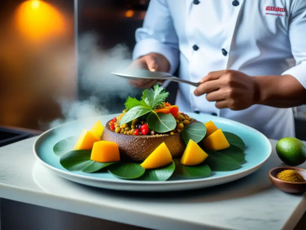 Un chef peruano experto en una cocina moderna, preparando un plato único con ingredientes amazónicos en la gastronomía peruana