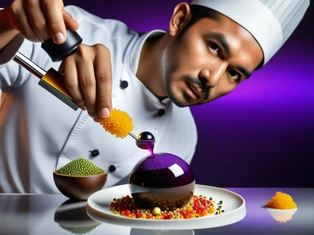 Un chef peruano experto en cocina molecular inyecta emulsión morada en esfera de quinua, fusionando ingredientes autóctonos con técnicas innovadoras