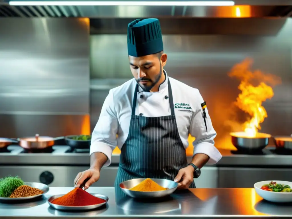 Un chef peruano experto en la cocina, incorporando ingredientes amazónicos en creaciones culinarias vanguardistas