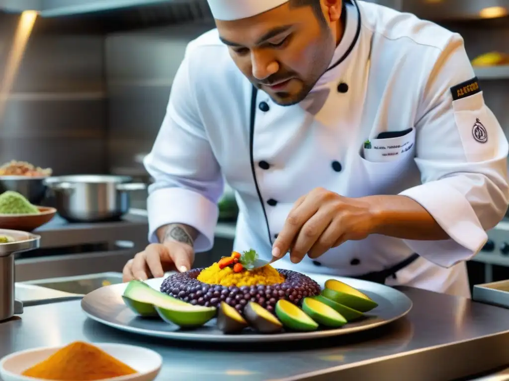 Un chef peruano experto en cocina de alta gama plato un plato tradicional peruano en una cocina lujosa llena de libros de chefs