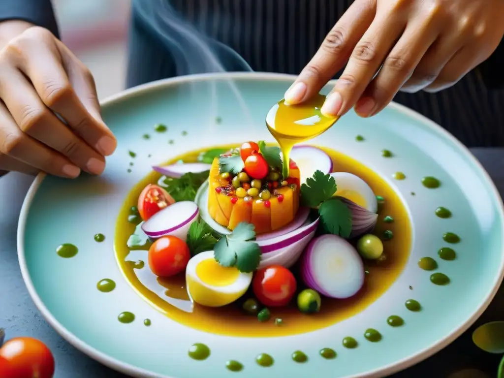 Un chef peruano experto en cocina tradicional, incorporando aceite Sacha Inchi en ceviche