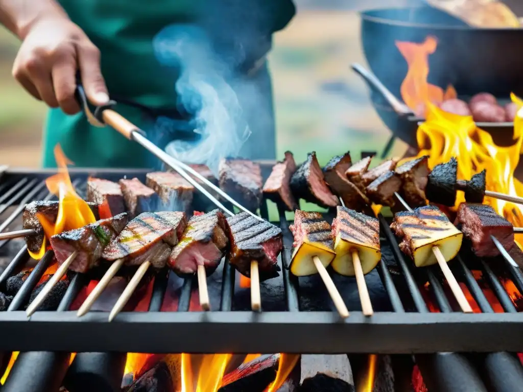 Un chef peruano experto cocina en parrillas peruanas sabor andino, creando una obra culinaria vibrante en los Andes