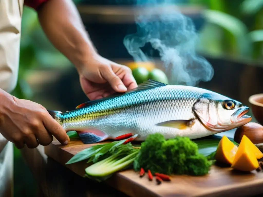 Un chef peruano experto en una cocina amazónica tradicional filetea un paiche con destreza