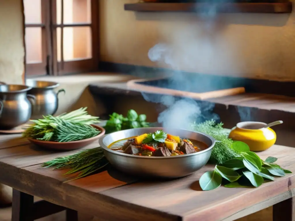 Un chef peruano experto cocina con hierbas andinas en una tradicional cocina peruana, reflejando la gastronomía curativa del país