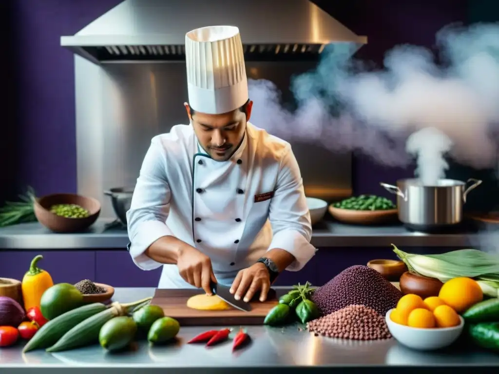 Un chef peruano experto en una cocina moderna con ingredientes autóctonos vibrantes, reflejando la innovación en la cocina peruana