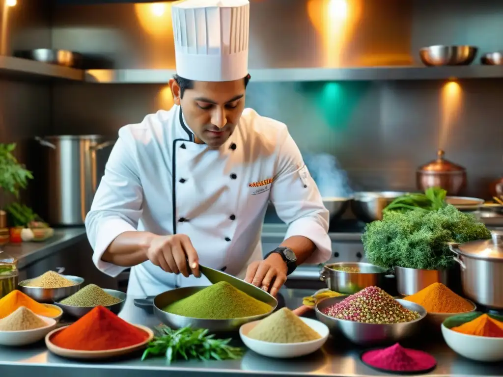 Un chef peruano experto en una cocina moderna fusionando ingredientes peruanos con especias y técnicas árabes, creando un plato innovador