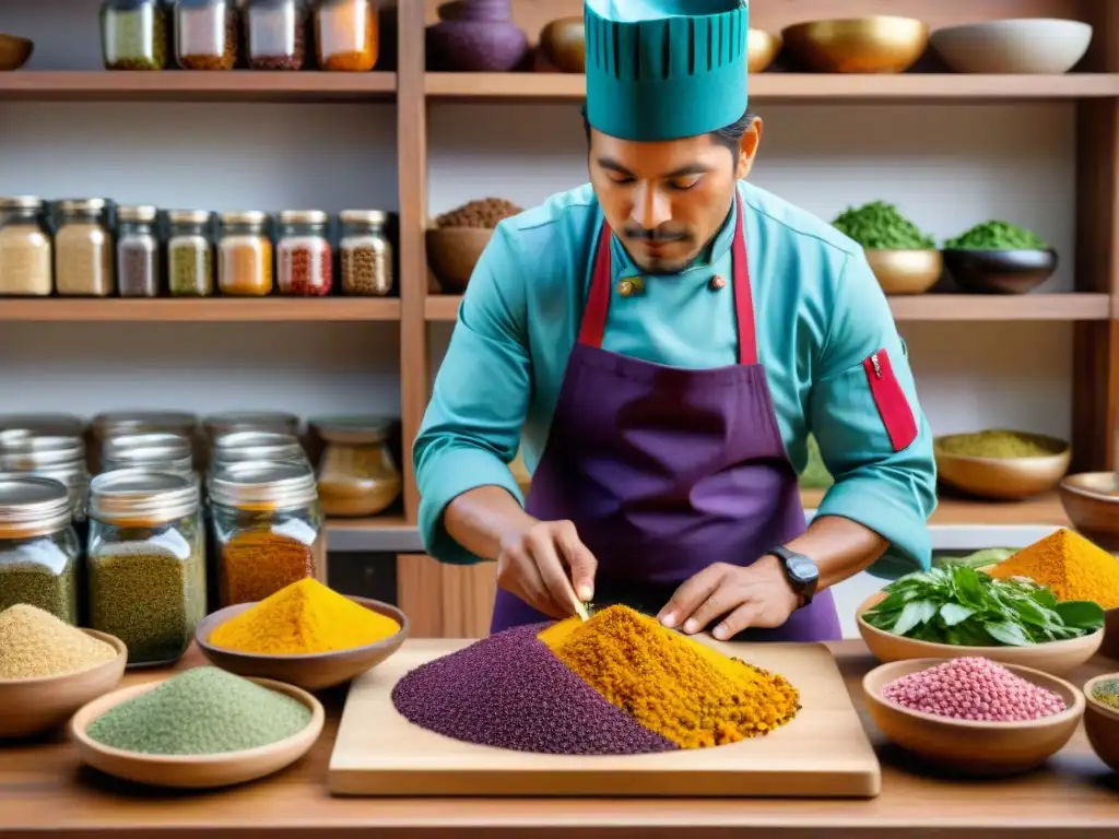 Un chef peruano experto cocina ingredientes autóctonos con destreza, resaltando colores y texturas vibrantes en un ambiente documental