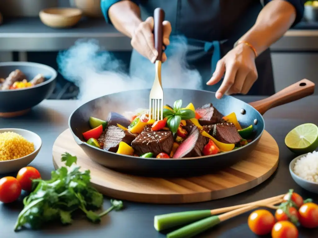 Un chef peruano experto cocina lomo saltado con pasión y destreza, resaltando la importancia de la espátula de madera en la gastronomía peruana