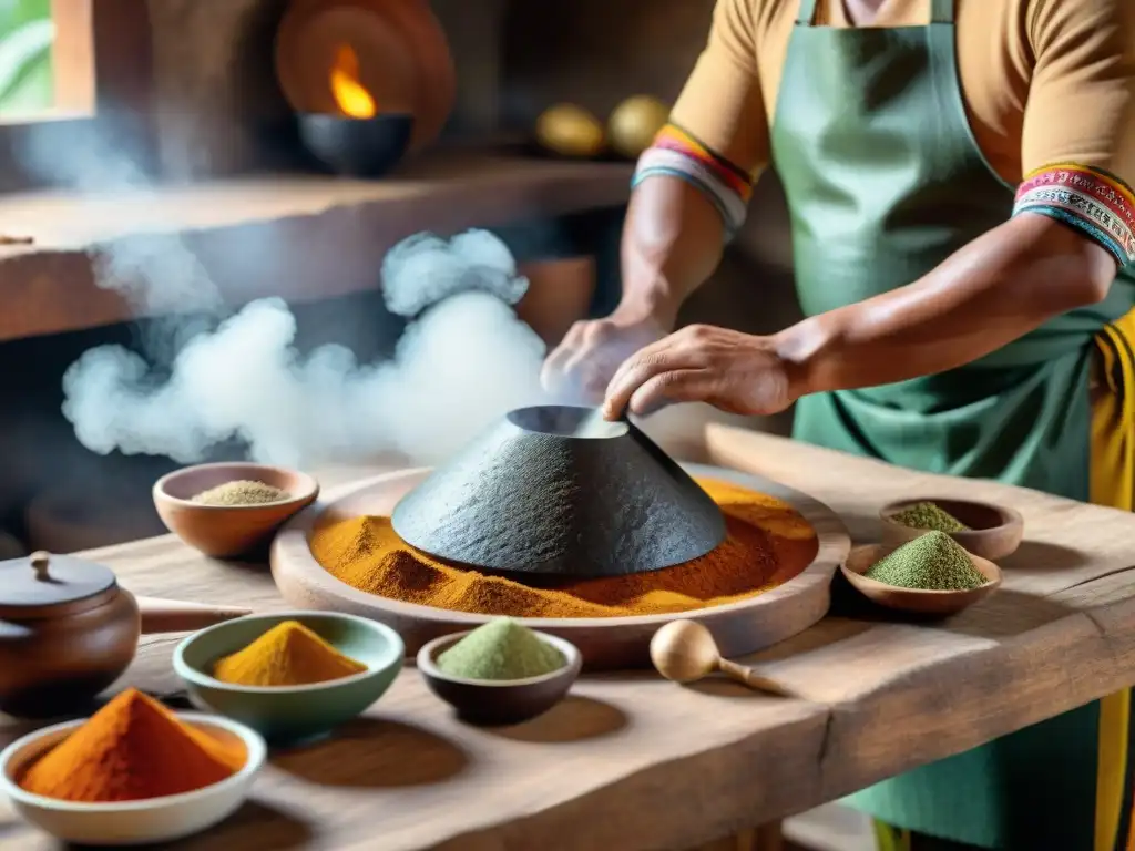 Un chef peruano experto usando un batán en una cocina rústica