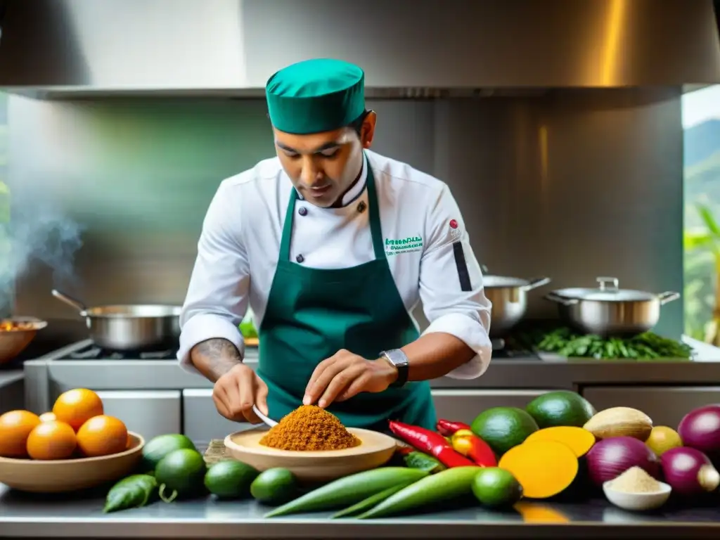 Un chef peruano experto en una cocina moderna, rodeado de ingredientes amazónicos y creando platos contemporáneos