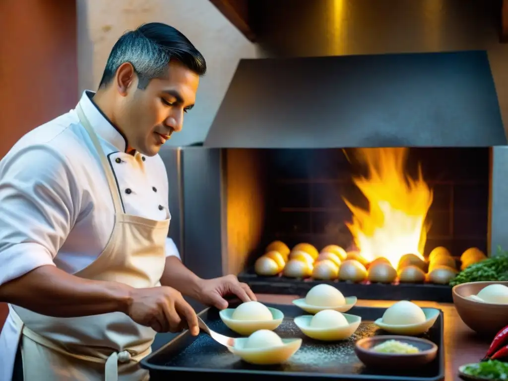 Un chef peruano experto preparando conchas a la Parmesana en cocina tradicional costeña