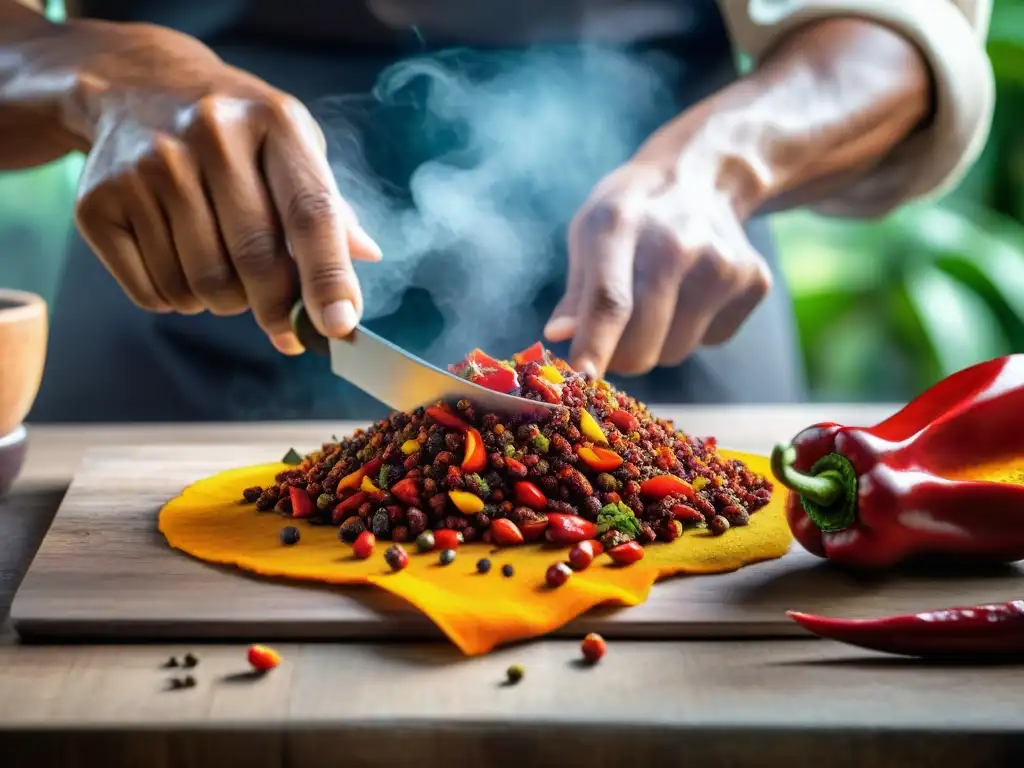 Un chef peruano experto corta ajíes Charapita en una cocina amazónica, destacando la importancia del Ají Charapita en cocina peruana