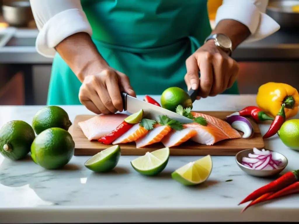 Un chef peruano experto en ceviche corta pescado fresco con destreza, tejiendo la historia del ceviche peruano