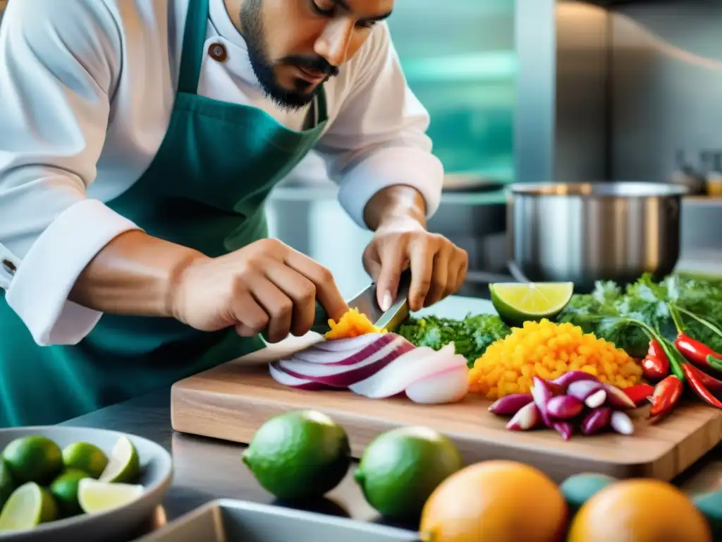 Un chef peruano experto corta ingredientes frescos para ceviche en una cevichería contemporánea