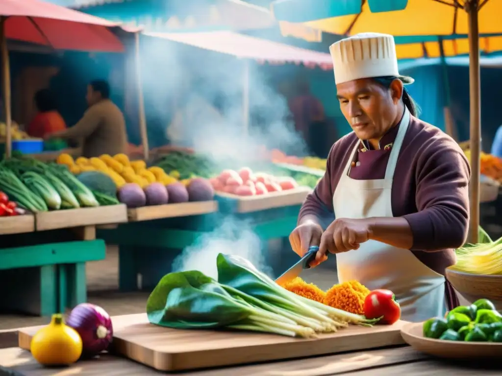 Un chef peruano experto realiza cortes precisos de vegetales frescos en un mercado bullicioso, mostrando técnicas culinarias sostenibles Perú