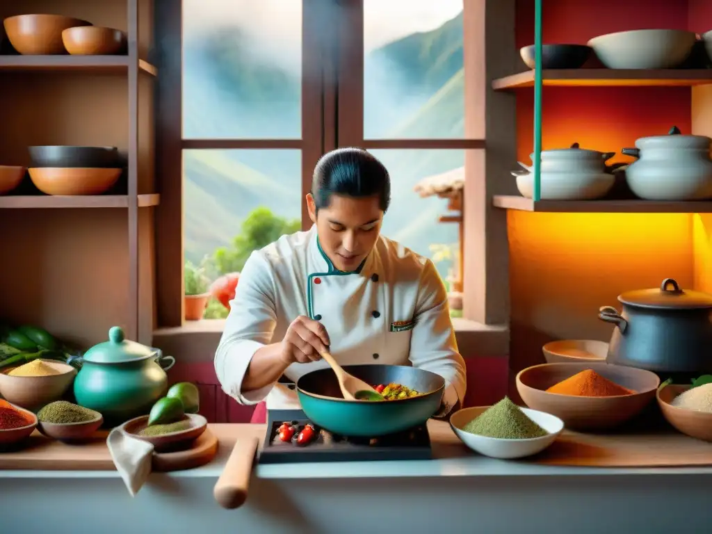 Un chef peruano experto usando la cuchara de palo en una escena de cocina tradicional, con ingredientes y especias coloridas