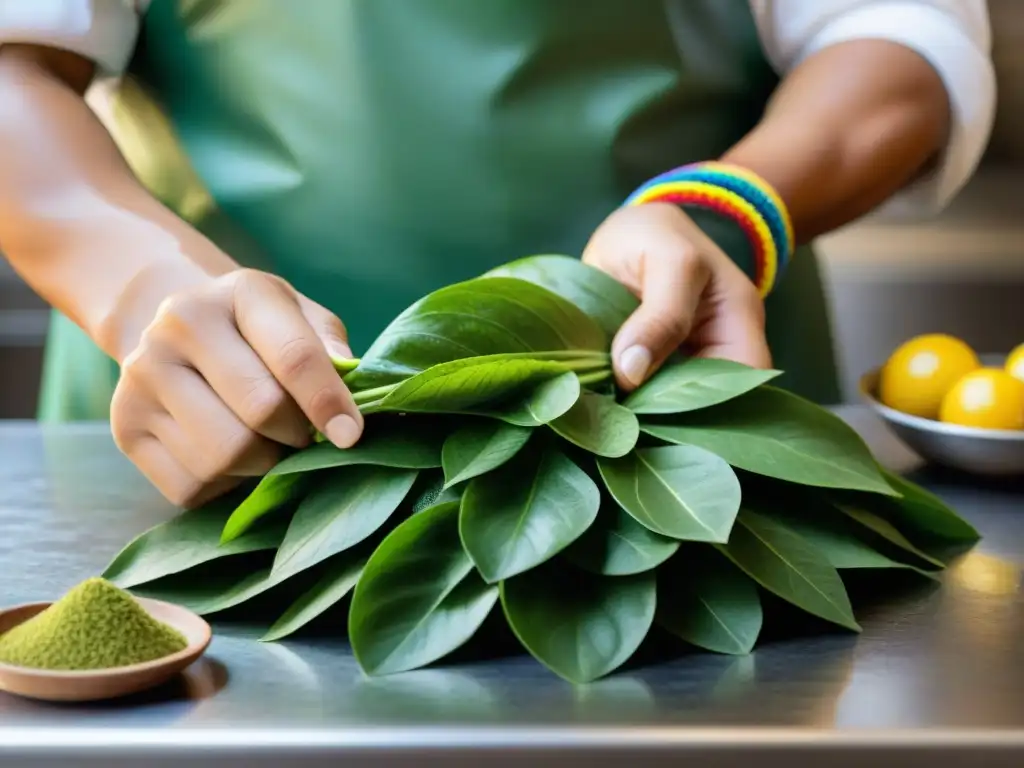 Un chef peruano experto prepara con cuidado hojas de Hierba Luisa recién cosechadas en una cocina tradicional