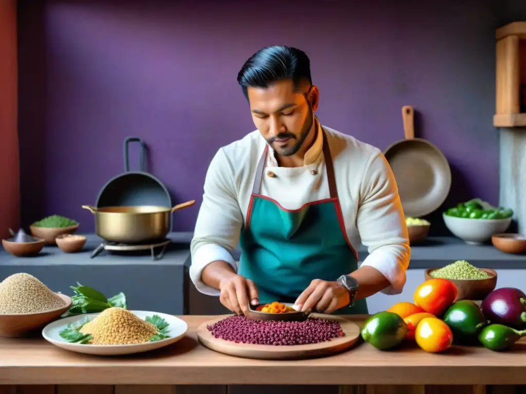 Un chef peruano experto preparando cuy en una cocina tradicional andina