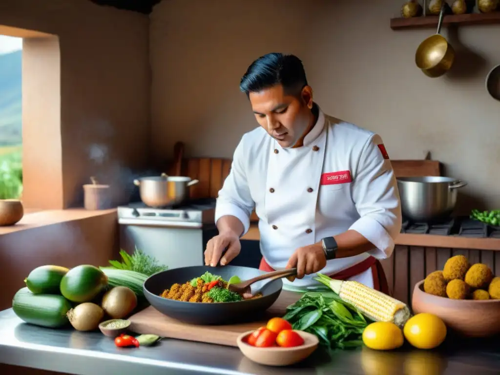 Chef peruano experto preparando cuy con delicado sabor en cocina rústica