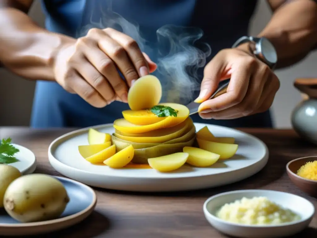 Un chef peruano experto preparando con dedicación una receta auténtica causa limeña