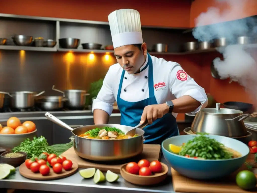 Cocinero peruano preparando un Sudado de Pescado con pasión Un chef peruano experto preparando un delicioso Sudado de Pescado en una cocina tradicional, con ingredientes frescos