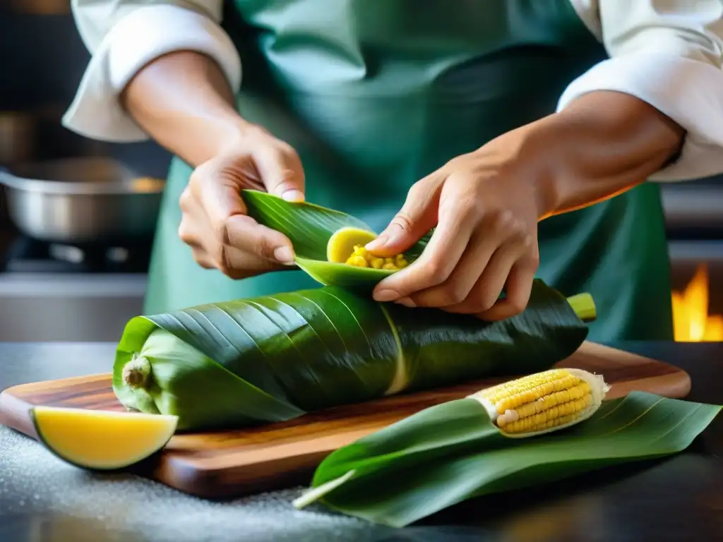 Un chef peruano experto envuelve con destreza un vibrante tamalito verde, capturando la esencia de la Historia del Tamalito Verde Perú