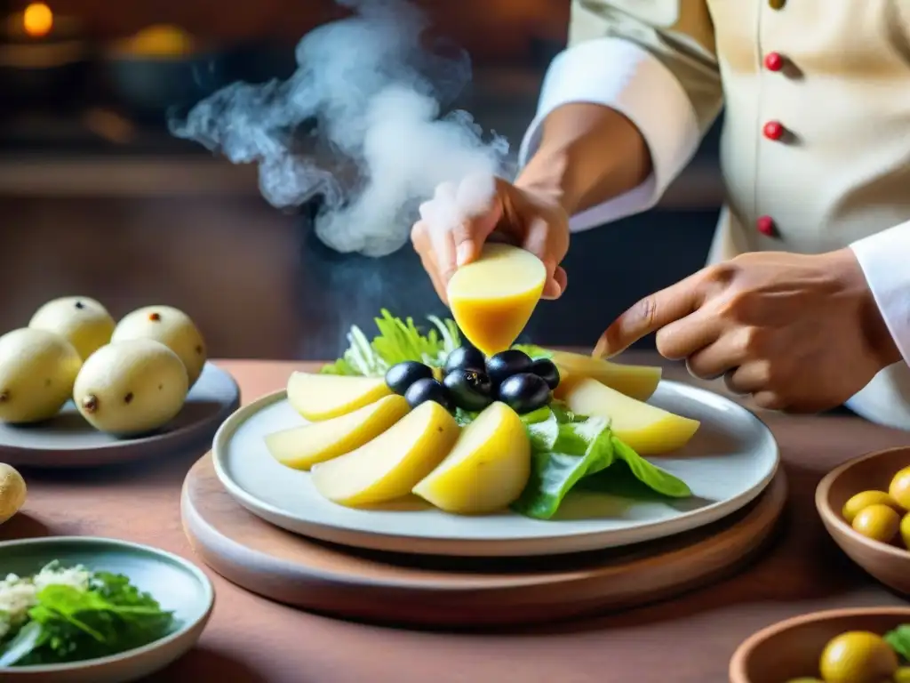 Un chef peruano experto prepara con destreza una deliciosa Papa a la Huancaína receta en una cocina tradicional