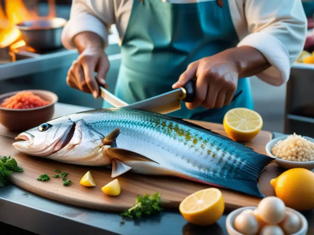 Un chef peruano experto filetea con destreza un pez espada en un mercado de mariscos en Lima