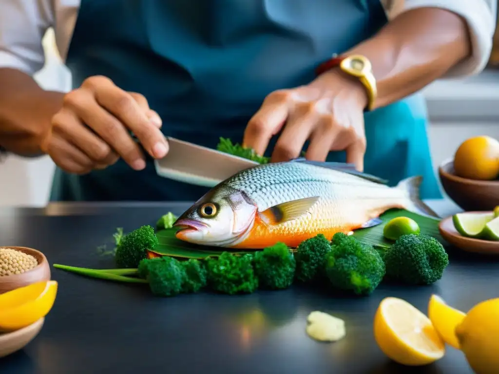 Un chef peruano experto prepara con destreza un pejerrey en una cocina moderna, fusionando técnicas tradicionales e innovación culinaria