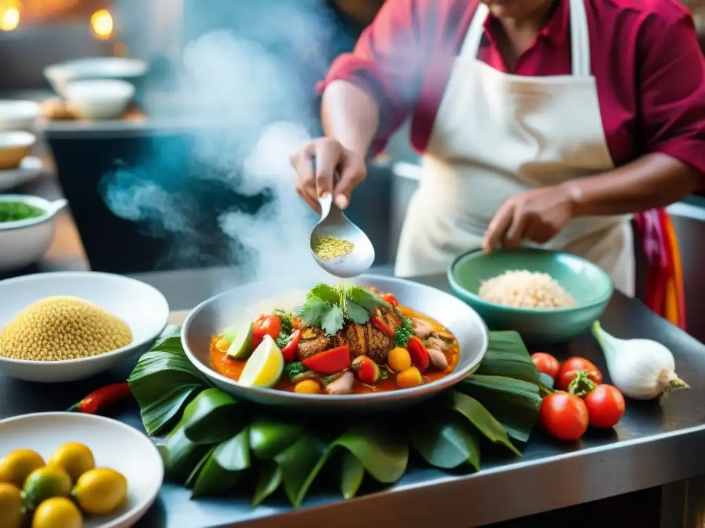 Un chef peruano experto preparando con detalle un Sudado de Pescado, rodeado de ingredientes coloridos