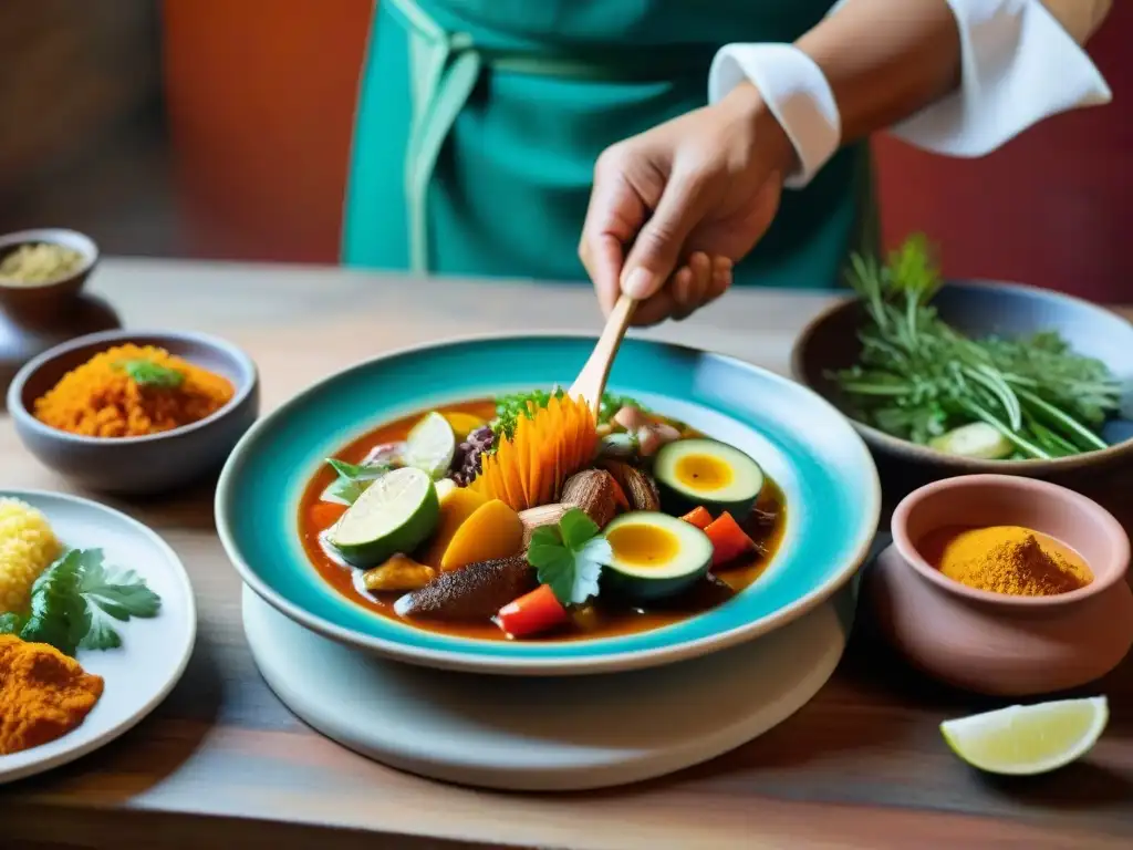 Un chef peruano experto prepara un escabeche con ingredientes autóctonos en una cocina tradicional peruana